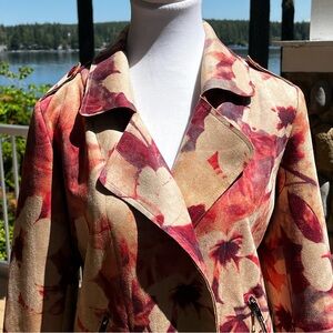 SOLITAIRE Brushstroke Floral Cropped Faux Suede Jacket Pink Tan Sz M Boho Artsy